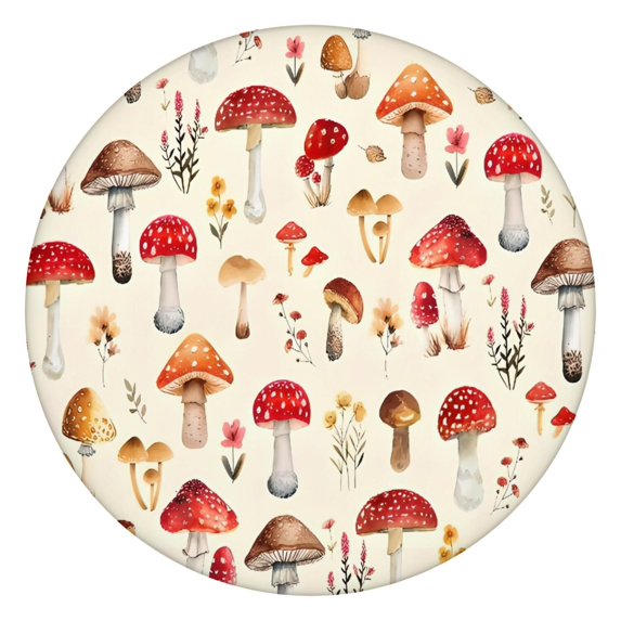 Red Mushroom Floral Light Beige Pattern Round Fitted Tablecloth with Elastic Edge,Dining Table Cover Waterproof,Outdoor Round Tablecloth for Camping,Dining,Indoor and Outdoor