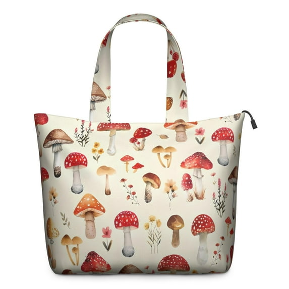 Red Mushroom Floral Light Beige Pattern Travel Tote Bags for Women Carry On,Large Weekender Bags for Women Travel,Multi Functional Duffle Bag for Work,Shopping,Sports