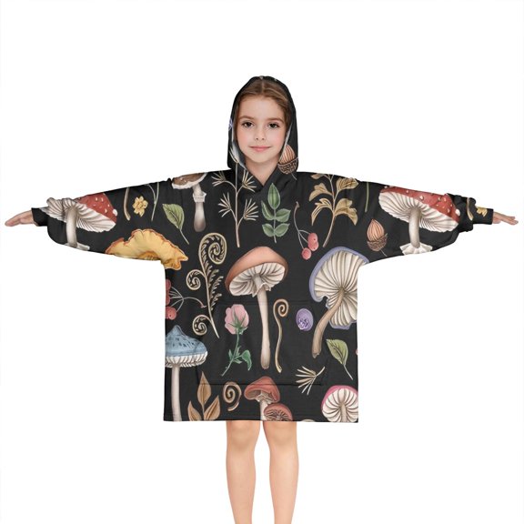 Red Mushroom Flower Black Pattern Blanket Hoodies for Kids 6-13YR Oversize Wearable Blanket Hoodies for Boys Girls Teens