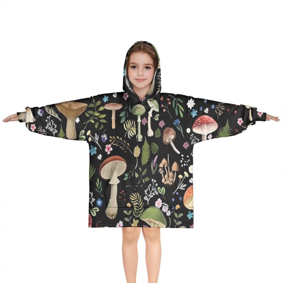 Red Mushroom Flower Black Pattern Blanket Hoodies for Kids 6-13YR Oversize Wearable Blanket Hoodies for Boys Girls Teens