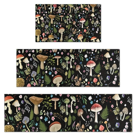 Red Mushroom Flower Black Pattern Kitchen Rugs Sets Of 3,Kitchen Runner Rugs Non Skid Washable,Decorative Kitchen Floor Mats for Kitchen,Sink,Laundry,17"x30"+ 17"x47" + 17"x59"