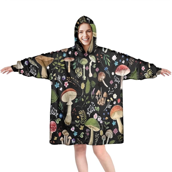 Red Mushroom Flower Black Pattern Wearable Oversized Blanket,Wearable Blanket Hoodie for Adults,Cozy Hooded Blankets with Super Pockets,Super Warm Fuzzy Pullover for Women & Men