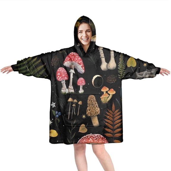 Red Mushroom Flower Black Pattern Wearable Oversized Blanket,Wearable Blanket Hoodie for Adults,Cozy Hooded Blankets with Super Pockets,Super Warm Fuzzy Pullover for Women & Men