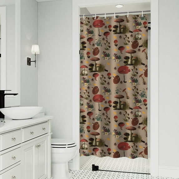 Red Mushroom Flower Brown Pattern Shower Curtain 36"x72" ,Bathroom Decorative Shower Curtains Set with 12 Hooks,Modern Waterproof Washable Shower Curtain