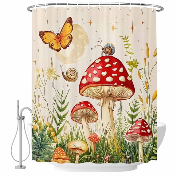Red Mushroom Flower Grass Fabric Shower Curtain Butterfly Snails Washable Shower Curtains for Bathroom, Waterproof Bath Curtain with Hooks Home Decor 36x72in