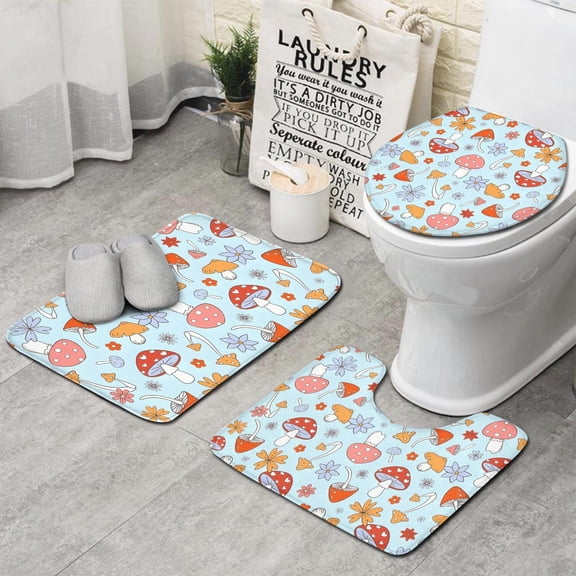 Red Mushroom Flower Light Pattern Bathroom Rugs Sets 3 Piece,Toilet Cover Set,Absorbent Non Slip Bathroom Mats Sets with U-Shaped Contour Rug Toilet Rug Set