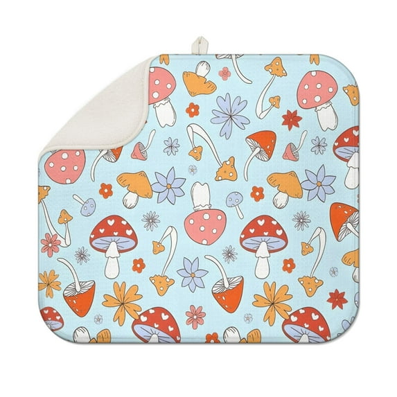 Red Mushroom Flower Light Pattern Dish Drying Mat for Kitchen 1 Pack, Ultra Absorbent Microfiber Dishes Drainer Mats,16"x18"