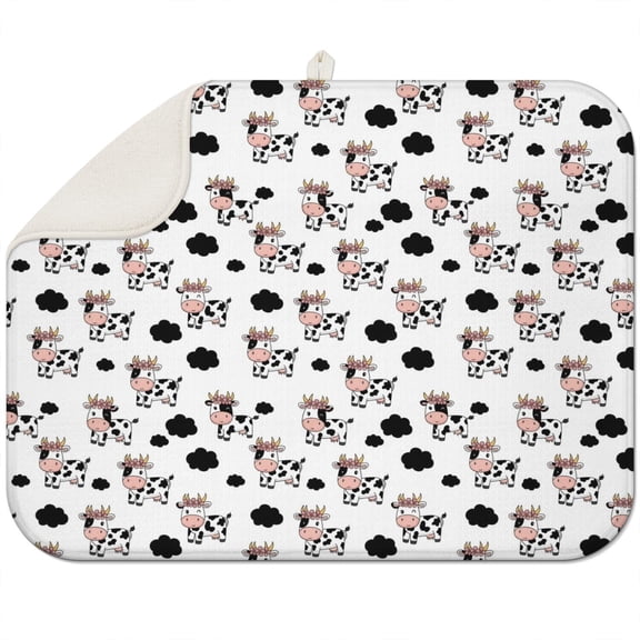 White Cow Floral Crown Pattern Dish Drying Mat for Kitchen 1 Pack, Ultra Absorbent Microfiber Dishes Drainer Mats,18"x24"