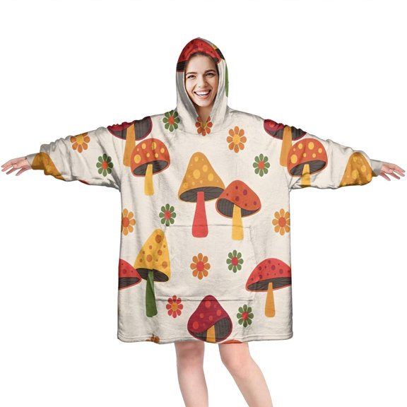 Red Mushroom Flower Light Pattern Wearable Oversized Blanket,Wearable Blanket Hoodie for Adults,Cozy Hooded Blankets with Super Pockets,Super Warm Fuzzy Pullover for Women & Men
