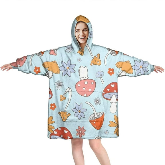 Red Mushroom Flower Light Pattern Wearable Oversized Blanket,Wearable Blanket Hoodie for Adults,Cozy Hooded Blankets with Super Pockets,Super Warm Fuzzy Pullover for Women & Men
