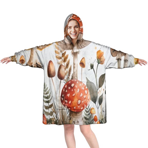 Red Mushroom Flower White Pattern Wearable Oversized Blanket,Wearable Blanket Hoodie for Adults,Cozy Hooded Blankets with Super Pockets,Super Warm Fuzzy Pullover for Women & Men
