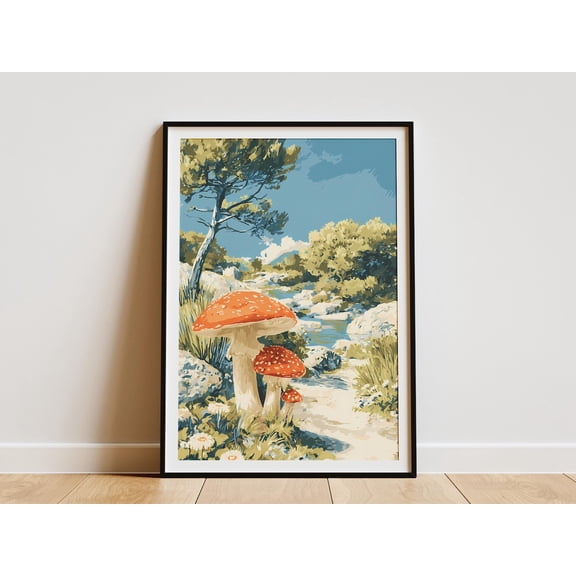 Red Mushroom Forest Landscape Enchanted Garden Nature Fungi Botanical River Stream Poster Unframed Paper Print