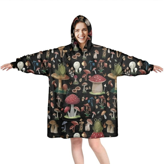 Red Mushroom Frog Black Pattern Wearable Oversized Blanket,Wearable Blanket Hoodie for Adults,Cozy Hooded Blankets with Super Pockets,Super Warm Fuzzy Pullover for Women & Men