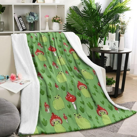 Red Mushroom Frog Green Pattern Blanket,Comfortable Soft Flannel Throw Blanket,All Season,Warm Lightweight Blankets for Sofa Bed Couch Living Room Chair,60"x80"