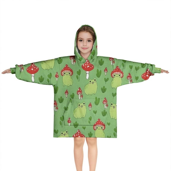 Red Mushroom Frog Green Pattern Blanket Hoodies for Kids 6-13YR Oversize Wearable Blanket Hoodies for Boys Girls Teens