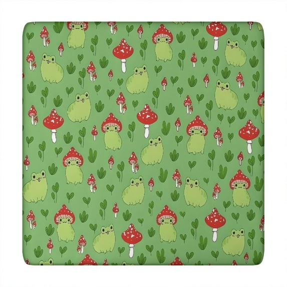 Red Mushroom Frog Green Pattern Square Fitted Tablecloth with Elastic Edge,Square Table Cover,Washable Elastic Table Cover for Home Kitchen Party Decor 34"x34"
