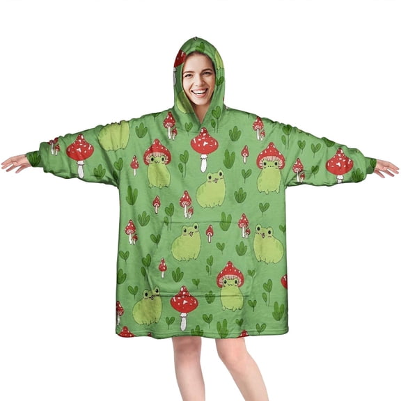 Red Mushroom Frog Green Pattern Wearable Oversized Blanket,Wearable Blanket Hoodie for Adults,Cozy Hooded Blankets with Super Pockets,Super Warm Fuzzy Pullover for Women & Men