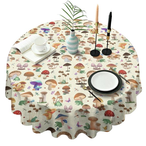 Red Mushroom Frog Light Pattern Round Tablecloth 60"x60",Wrinkle Wipeable Table Cloth for Kitchen Dining Room Picnic Patio Party