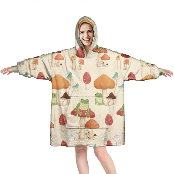 Red Mushroom Frog Light Pattern Wearable Oversized Blanket,Wearable Blanket Hoodie for Adults,Cozy Hooded Blankets with Super Pockets,Super Warm Fuzzy Pullover for Women & Men