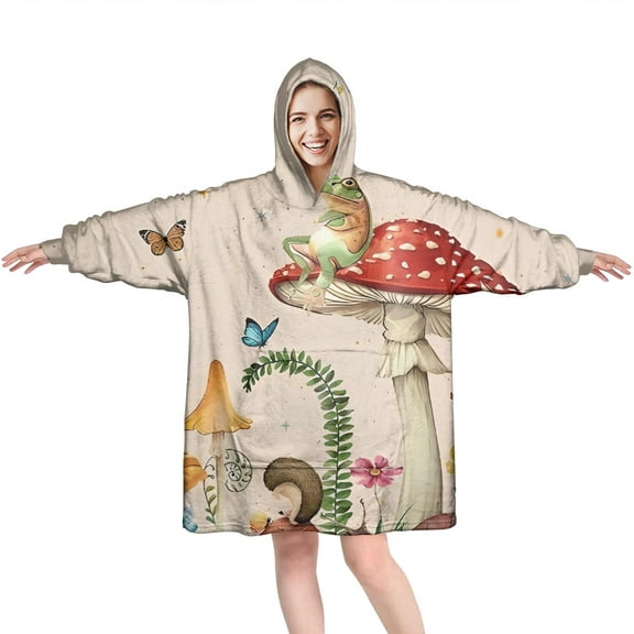 Red Mushroom Frog Light Pattern Wearable Oversized Blanket,Wearable Blanket Hoodie for Adults,Cozy Hooded Blankets with Super Pockets,Super Warm Fuzzy Pullover for Women & Men