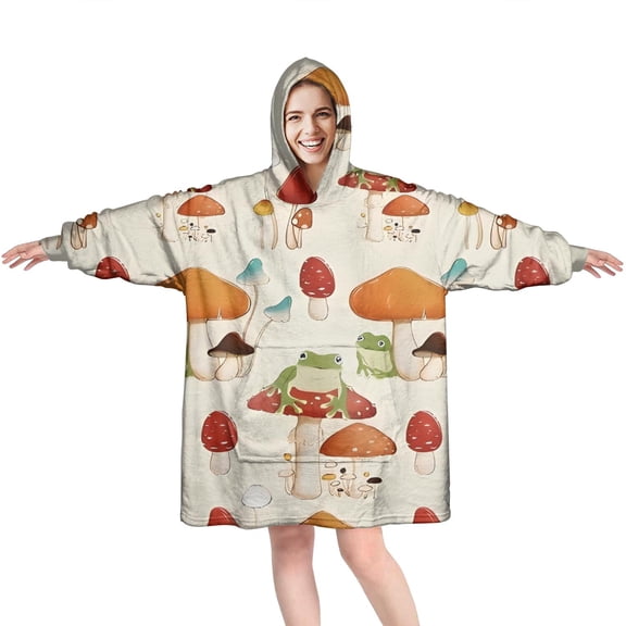 Red Mushroom Frog Light Pattern Wearable Oversized Blanket,Wearable Blanket Hoodie for Adults,Cozy Hooded Blankets with Super Pockets,Super Warm Fuzzy Pullover for Women & Men