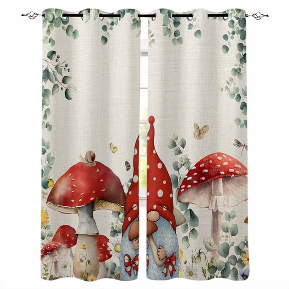 Red Mushroom Gnomes Blackout Curtains for Bedroom, Thermal Insulated Window Treatment, Eucalyptus Leaves Watercolor Rustic Grommet Top Blackout Draperies and Drapes for Basement 27.5"x39" 2 Panels