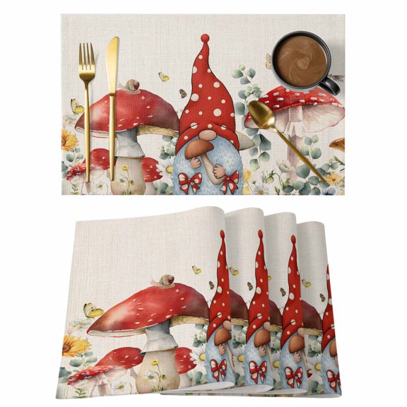 Red Mushroom Gnomes Placemats Set of 12, Eucalyptus Leaves Watercolor Rustic Placemats for Dining Table, Place Mats for Kitchen Tabletop, Waterproof Wipeable Dining Table Mats Set