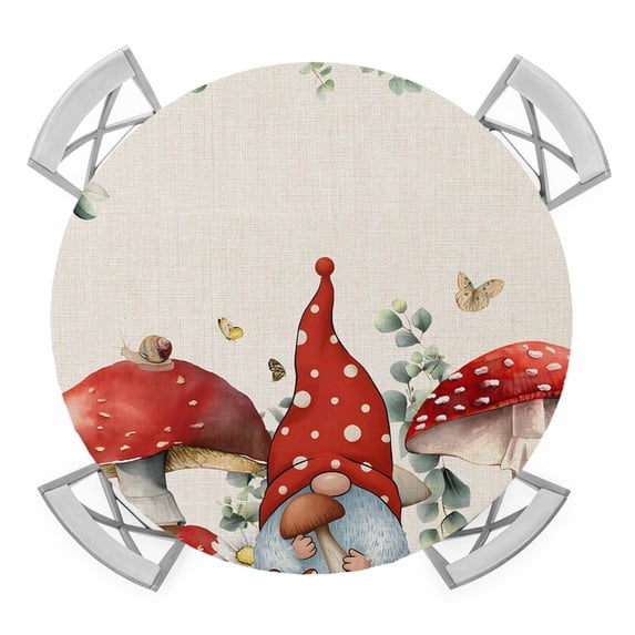 Red Mushroom Gnomes Round Tablecloth for 36-44 Inch Tables,Fitted Table Cover with Elastic Edge,Eucalyptus Leaves Watercolor Rustic Waterproof Outdoor Table Cloth Protector for Patio Garden Dinner