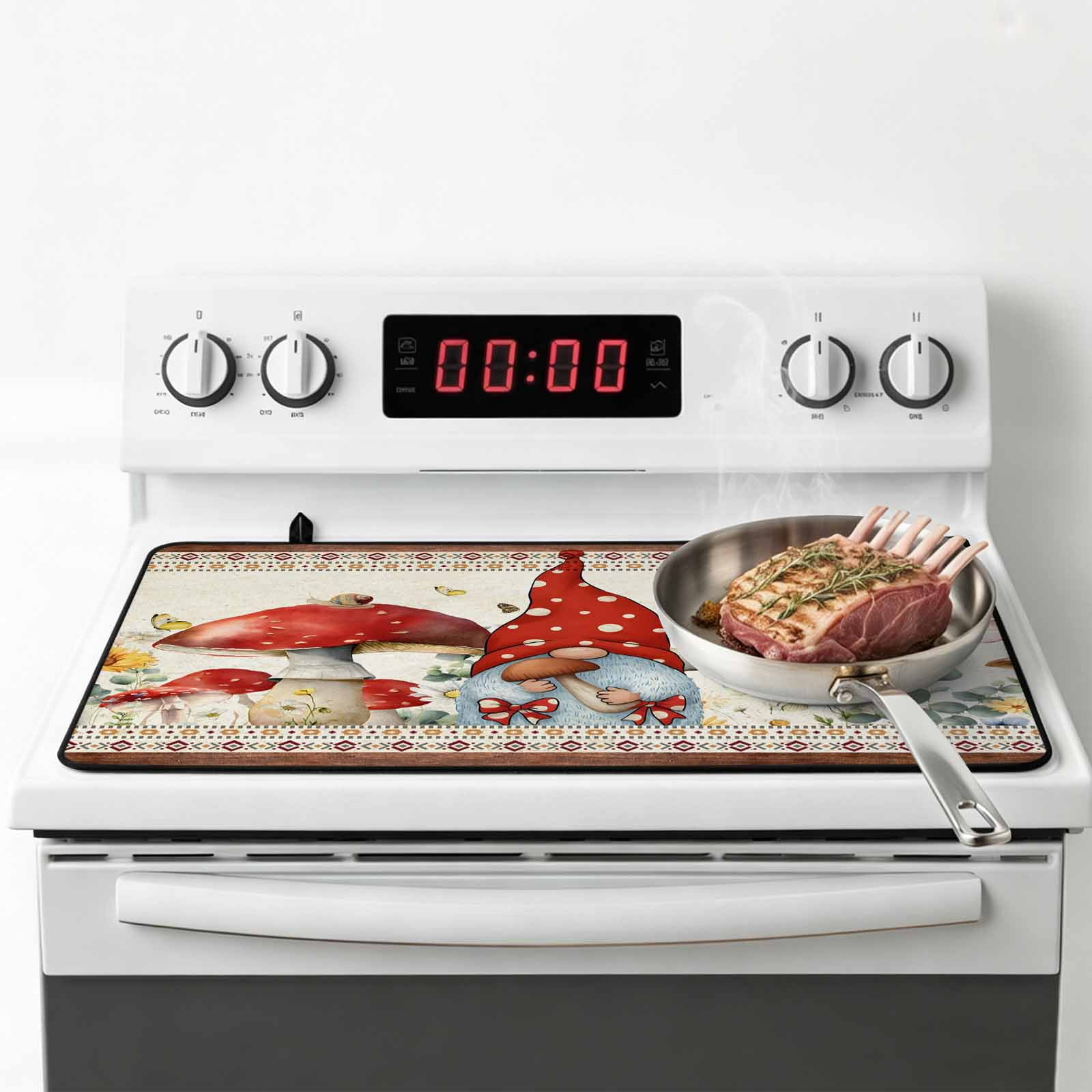 Red Mushroom Gnomes Stove Top Cover for Electric Stove, Heat-proof & Non Slip Glass Top Stove Cover Protector, Vintage Botanical Elegant Pastoral Kitchen Flat Cooktop Rubber Mat 24x21 Inches