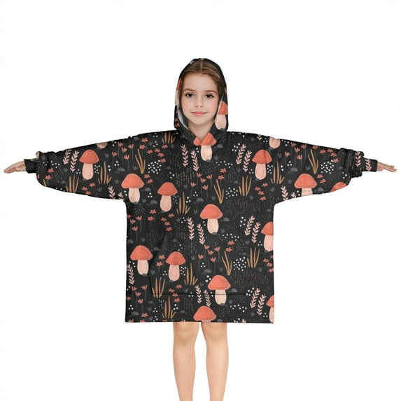 Red Mushroom Grass Black Pattern Blanket Hoodies for Kids 6-13YR Oversize Wearable Blanket Hoodies for Boys Girls Teens