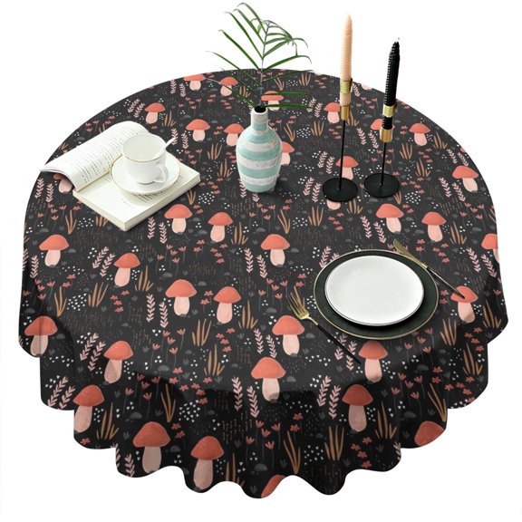 Red Mushroom Grass Black Pattern Round Tablecloth 60"x60",Wrinkle Wipeable Table Cloth for Kitchen Dining Room Picnic Patio Party