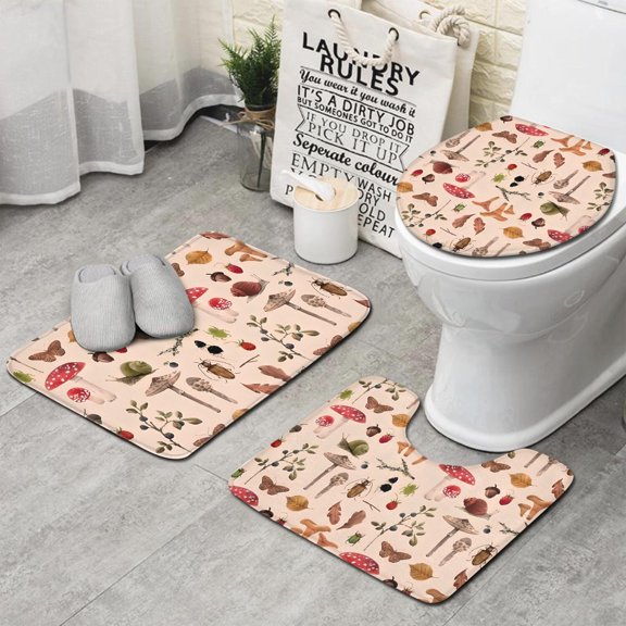 Red Mushroom Insect Light Pattern Bathroom Rugs Sets 3 Piece,Toilet Cover Set,Absorbent Non Slip Bathroom Mats Sets with U-Shaped Contour Rug Toilet Rug Set