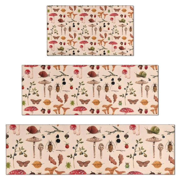 Red Mushroom Insect Light Pattern Kitchen Rugs Sets Of 3,Kitchen Runner Rugs Non Skid Washable,Decorative Kitchen Floor Mats for Kitchen,Sink,Laundry,17"x30"+ 17"x47" + 17"x59"