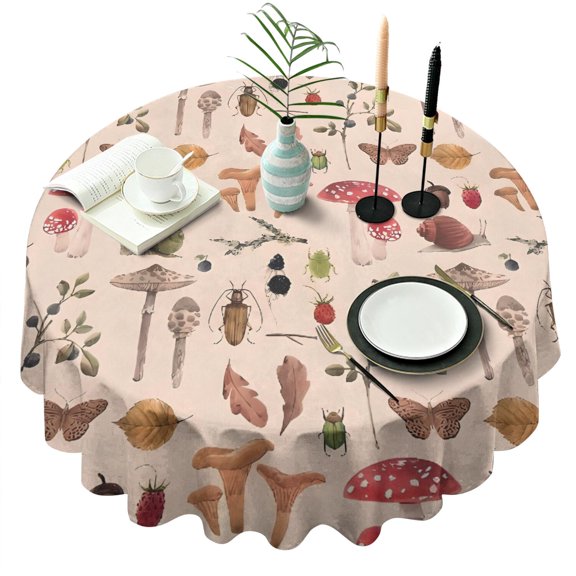 Red Mushroom Insect Light Pattern Round Tablecloth 60"x60",Wrinkle Wipeable Table Cloth for Kitchen Dining Room Picnic Patio Party