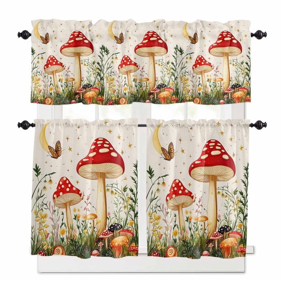 Red Mushroom Kitchen Curtains Valances and Tiers Set of 3, 24 Inch Length Tier Curtains and Valance Rod Pocket Valance Curtains Set for Kitchen Bathroom Small Windows