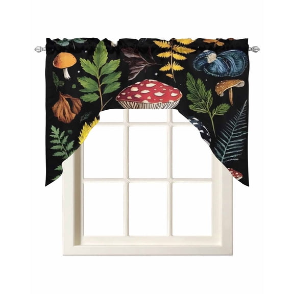 Red Mushroom Kitchen Swag Valances for Windows, Retro Summer Botanical Leaves Black Swag Valances Curtains for Living Room, Rod Pocket Window Treatments for Bathroom, Bedroom, Cafe, 56"x36"
