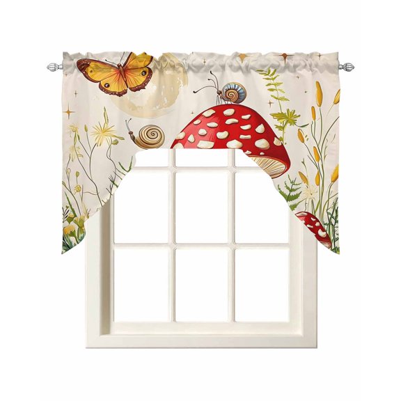 Red Mushroom Kitchen Swag Valances for Windows, Watercolor Spring Summer Botanical Swag Valances Curtains for Living Room, Rod Pocket Window Treatments for Bathroom, Bedroom, Cafe, 56"x36"