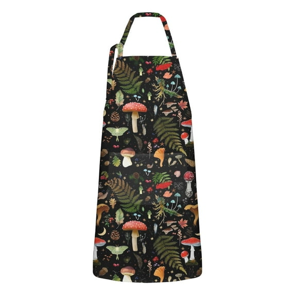 Red Mushroom Leaf Black Pattern Apron-Garden Aprons for Women with Pockets-Cotton Linen Waterproof Kitchen Cooking Gardening Aprons Adjustable for Kitchen,Cooking,BBQ and Salon 33x27 Inch