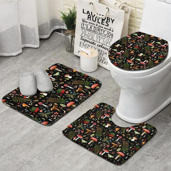 Red Mushroom Leaf Black Pattern Bathroom Rugs Sets 3 Piece,Toilet Cover Set,Absorbent Non Slip Bathroom Mats Sets with U-Shaped Contour Rug Toilet Rug Set