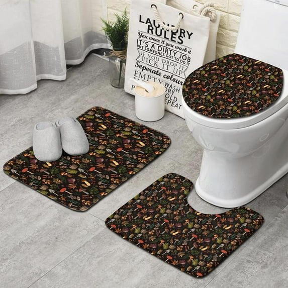 Red Mushroom Leaf Black Pattern Bathroom Rugs Sets 3 Piece,Toilet Cover Set,Absorbent Non Slip Bathroom Mats Sets with U-Shaped Contour Rug Toilet Rug Set
