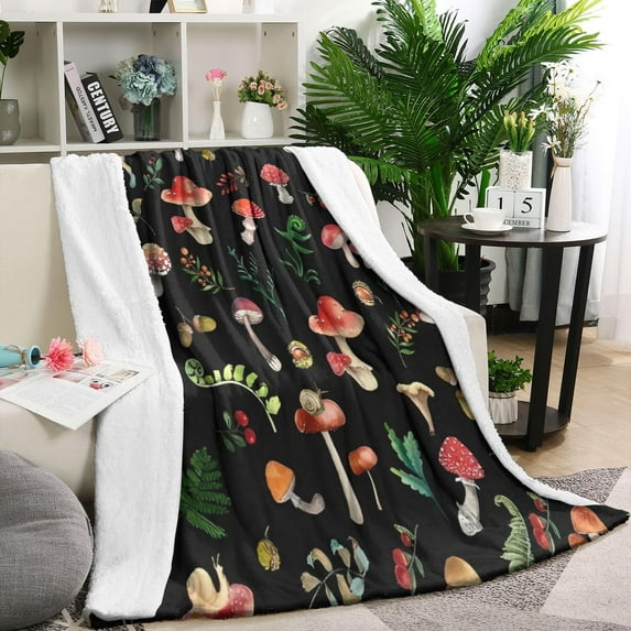 Red Mushroom Leaf Black Pattern Blanket,Comfortable Soft Flannel Throw Blanket,All Season,Warm Lightweight Blankets for Sofa Bed Couch Living Room Chair,40"x50"