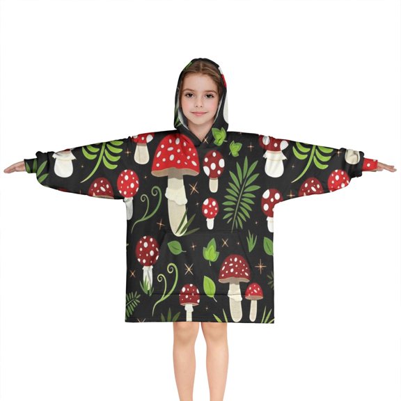 Red Mushroom Leaf Black Pattern Blanket Hoodies for Kids 6-13YR Oversize Wearable Blanket Hoodies for Boys Girls Teens