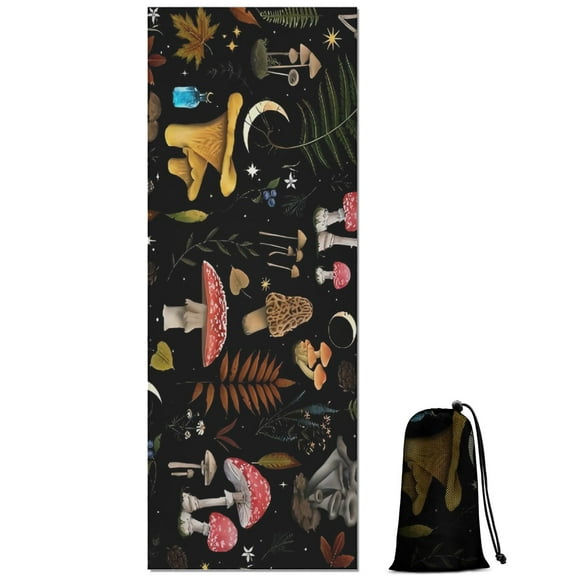 Red Mushroom Leaf Black Pattern Hot Yoga Mat Towel Non Slip for Hot Yoga - Quick-Drying Yoga Mat Cover with 4 Corner Pockets with Travel Bag - Hot Yoga Towel Non Slip 70"x26"