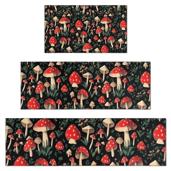 Red Mushroom Leaf Black Pattern Kitchen Rugs Sets Of 3,Kitchen Runner Rugs Non Skid Washable,Decorative Kitchen Floor Mats for Kitchen,Sink,Laundry,17"x30"+ 17"x47" + 17"x59"