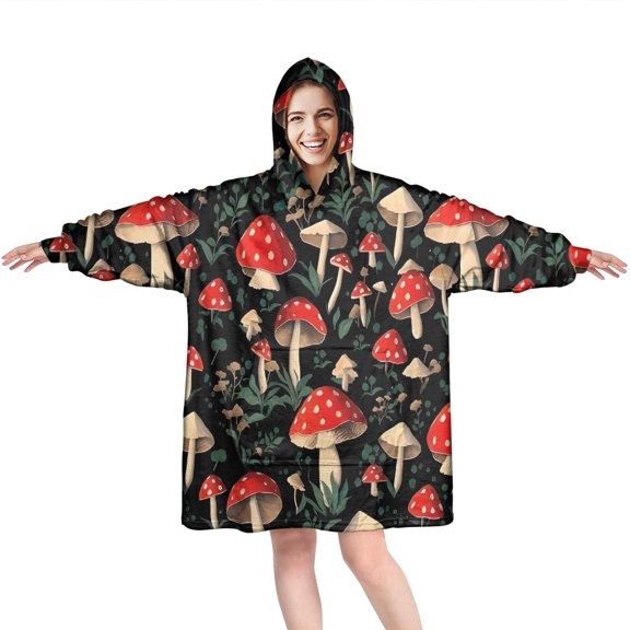 Red Mushroom Leaf Black Pattern Wearable Oversized Blanket,Wearable Blanket Hoodie for Adults,Cozy Hooded Blankets with Super Pockets,Super Warm Fuzzy Pullover for Women & Men
