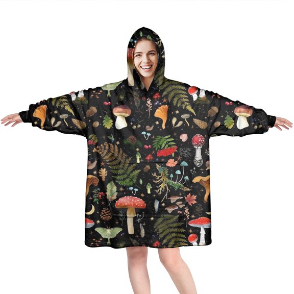 Red Mushroom Leaf Black Pattern Wearable Oversized Blanket,Wearable Blanket Hoodie for Adults,Cozy Hooded Blankets with Super Pockets,Super Warm Fuzzy Pullover for Women & Men