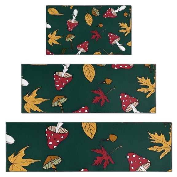 Red Mushroom Leaf Green Pattern Kitchen Rugs Sets Of 3,Kitchen Runner Rugs Non Skid Washable,Decorative Kitchen Floor Mats for Kitchen,Sink,Laundry,17"x30"+ 17"x47" + 17"x59"