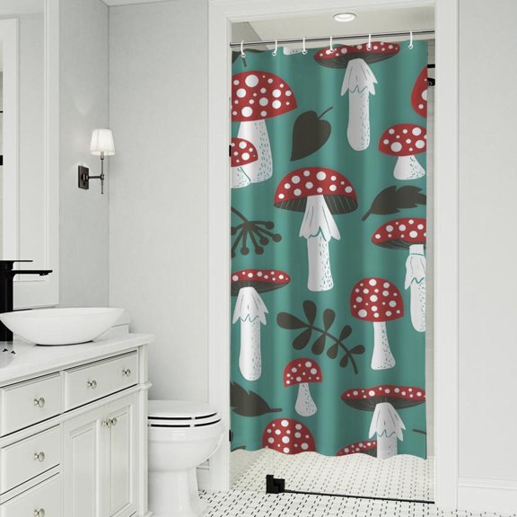 Red Mushroom Leaf Green Pattern Shower Curtain 36"x72" ,Bathroom Decorative Shower Curtains Set with 12 Hooks,Modern Waterproof Washable Shower Curtain
