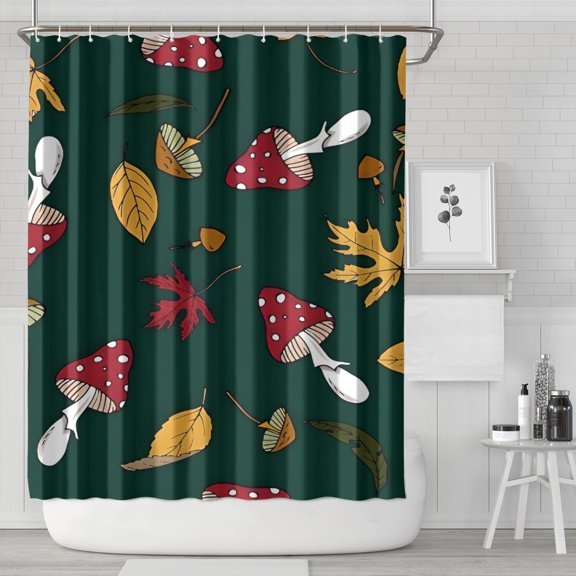 Red Mushroom Leaf Green Pattern Shower Curtain 84"x72" ,Bathroom Decorative Shower Curtains Set with 12 Hooks,Modern Waterproof Washable Shower Curtain