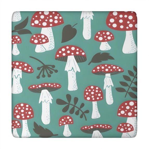 Red Mushroom Leaf Green Pattern Square Fitted Tablecloth with Elastic Edge,Square Table Cover,Washable Elastic Table Cover for Home Kitchen Party Decor 34"x34"